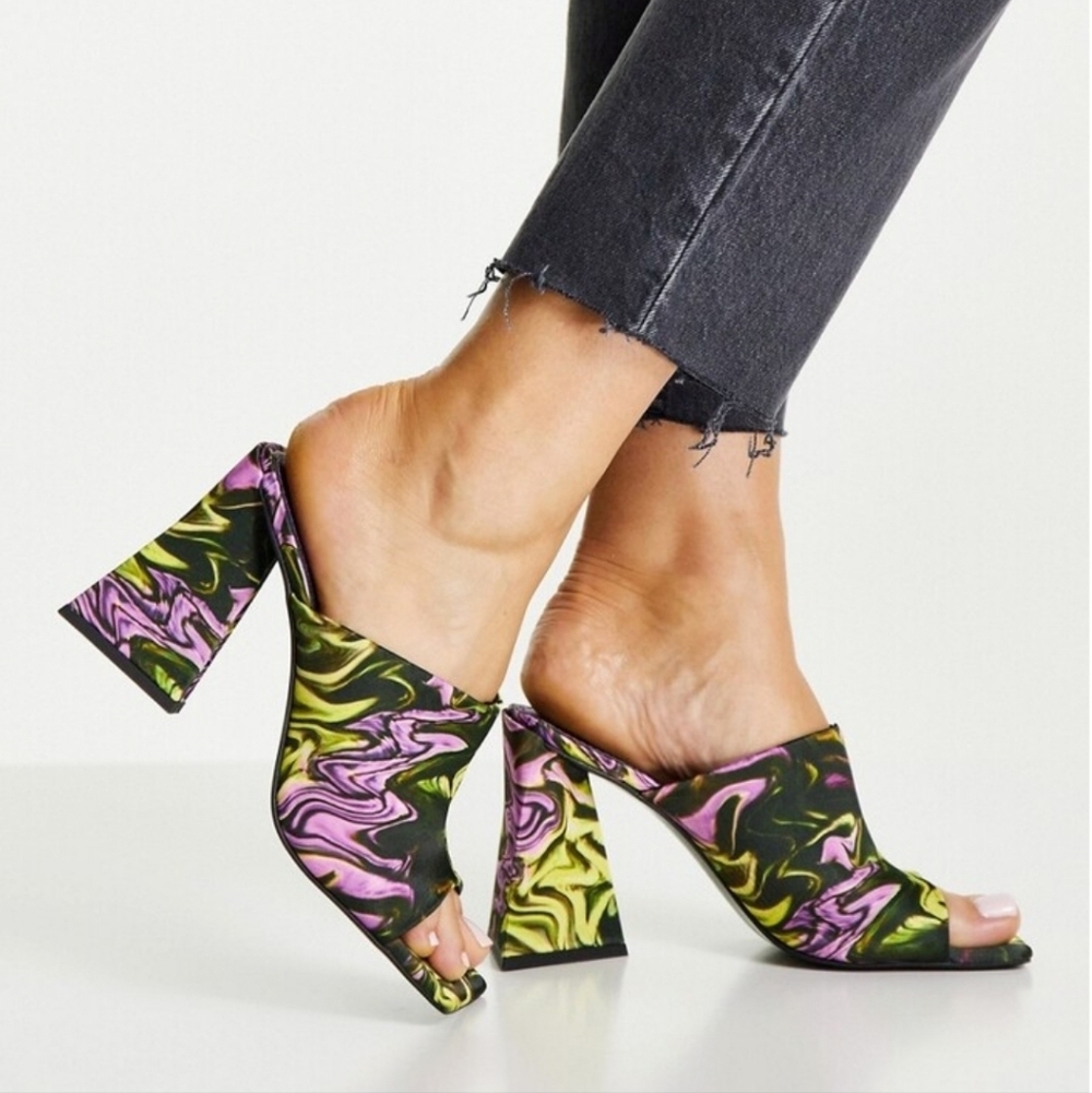 ASOS Nyla Heeled Mules Featuring a Colorful Marble Print and a Flare Block Heel